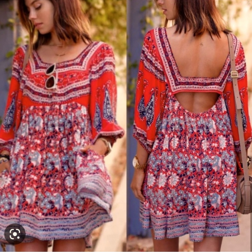 EUC Free People Midsummer Mini Dress Red Navy Grey White Paisley Cutout Back